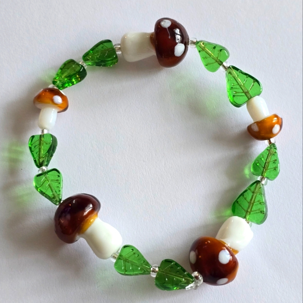 Mushroom bracelet leaves nature goblin fairy goblincore fairycore handmade